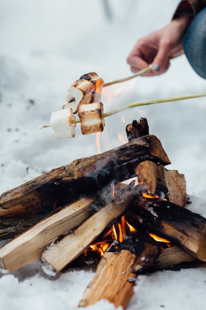 Free Photo roasting marshmallows over a campfire. closeup