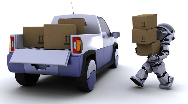 Robot carrying  boxes into the back of a truck