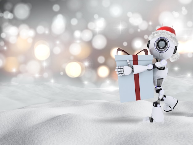 Free photo robot carrying a chrismas gift in snow