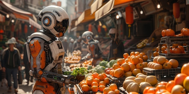 Free photo a robot at a fruit stand surrounded by various citrus fruits in a market