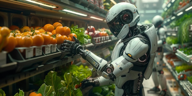 Free photo a robot is efficiently selecting fresh produce at a grocery store