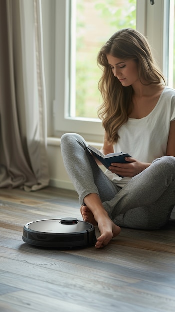 Free Photo robot vacuum cleaning floor