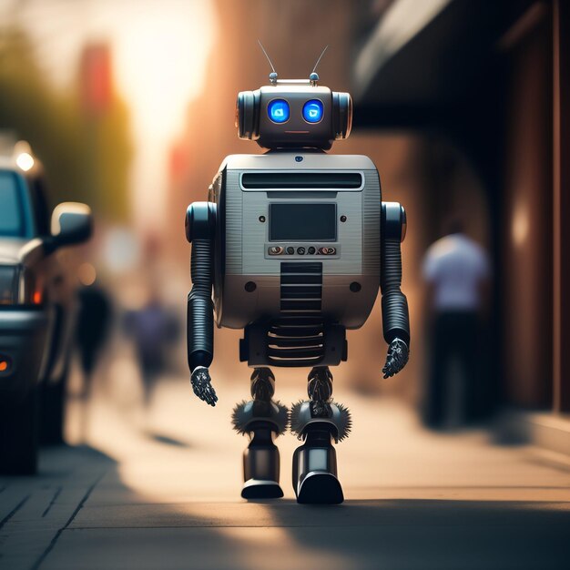 A robot walking down a street with a car in the background.