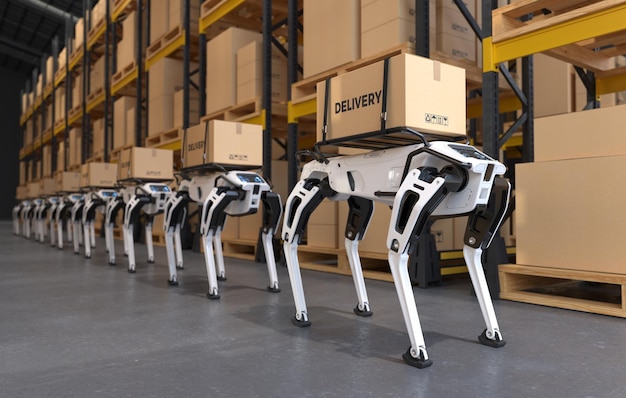 Free photo robotic delivery dog in a factory concept robot dog delivering goods