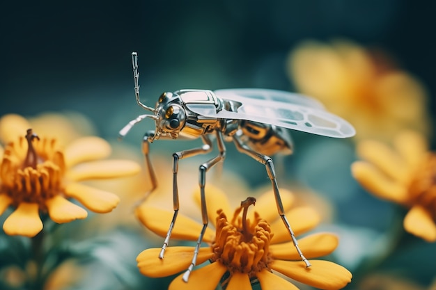 Free Photo robotic insect with flowers