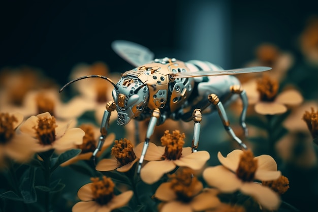 Free Photo robotic insect with flowers