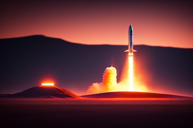 A rocket takes off from a desert with mountains in the background.