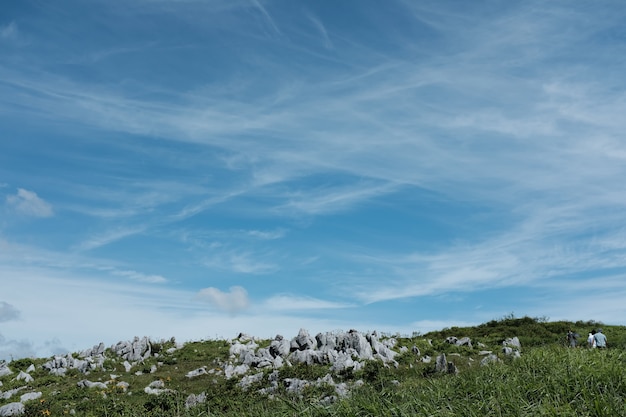 Free Photo rocks on a hill covered with grass under a blue sky