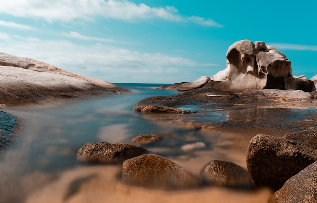 Free Photo rocks on a seashore with a blue sky