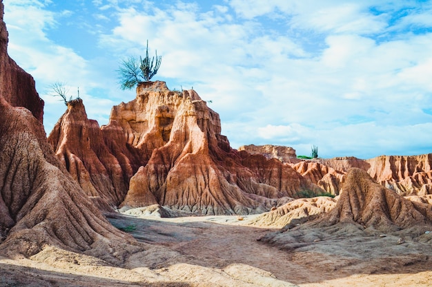 Rocks in the Tatacoa Desert, Colombia under the cloudy sky