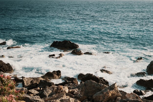 Rocky shore with waves splashing