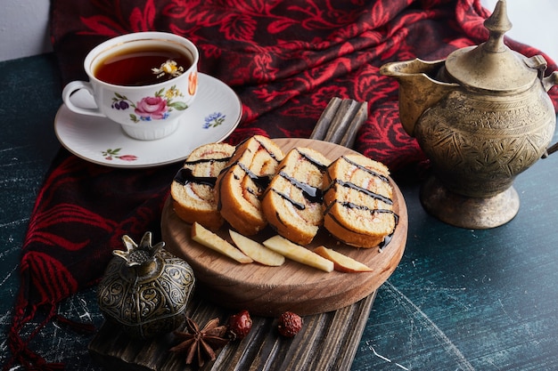 Rollcake slices with a cup of tea.