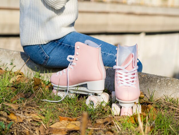 Roller skates on grass and leaves