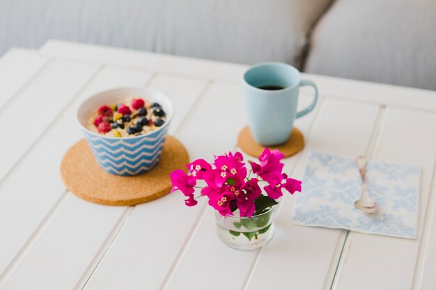 Romantic arrangement of breakfast