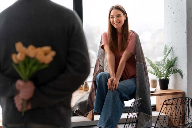 Free Photo romantic couple celebrating valentine's day together at home