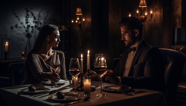 Romantic evening shared wine and candlelight generated by AI