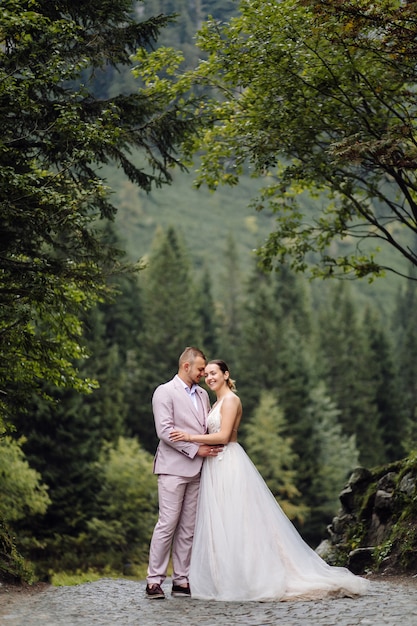 Romantic wedding couple in love standing of the Sea Eye lake in Poland. Tatra mountains.