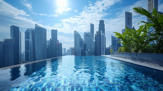 Free Photo a rooftop pool in a bustling city setting with skyscrapers towering in the background