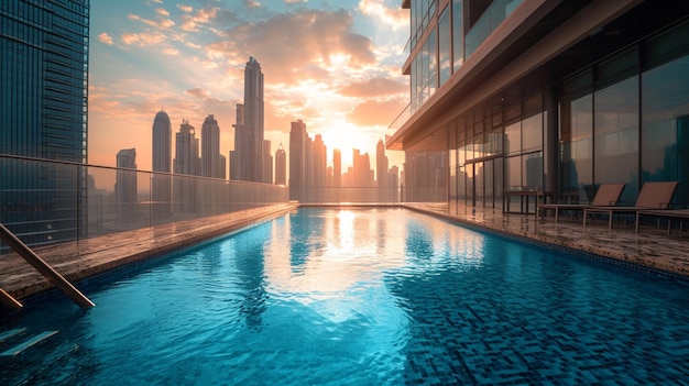 Free photo a rooftop pool in a bustling city setting with skyscrapers towering in the background