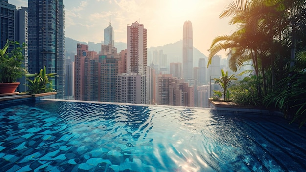 Free photo a rooftop pool in a bustling city setting with skyscrapers towering in the background