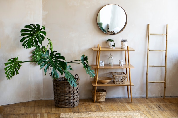 Room decor with mostera plant and wooden shelf