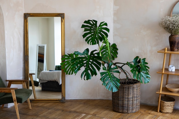 Room decor with mostera plant and wooden shelf