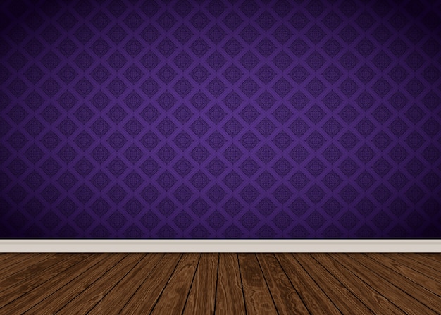 Room interior with purple damask wallpaper and wooden floor