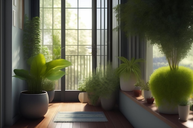 A room with a window and plants on the floor.