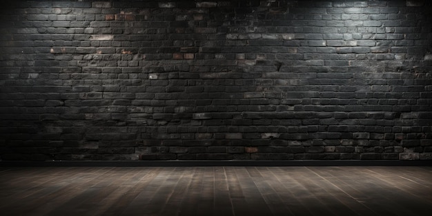 A roomy loft with deep wood floors and a matte black brick wall