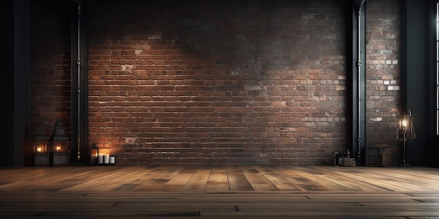 A roomy loft with deep wood floors and a matte black brick wall