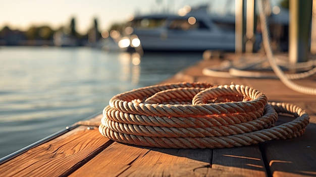 Free photo a rope resting on the dock's surface ready for dockside use