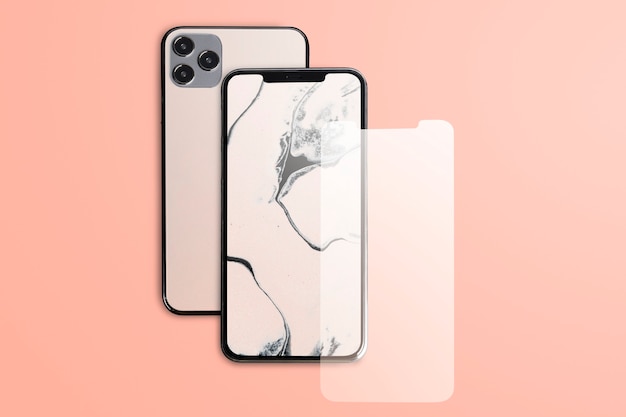 Rose gold marble phone with blank screen on peach background