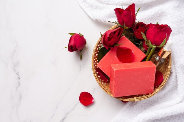 Rose handmade soap on marble background