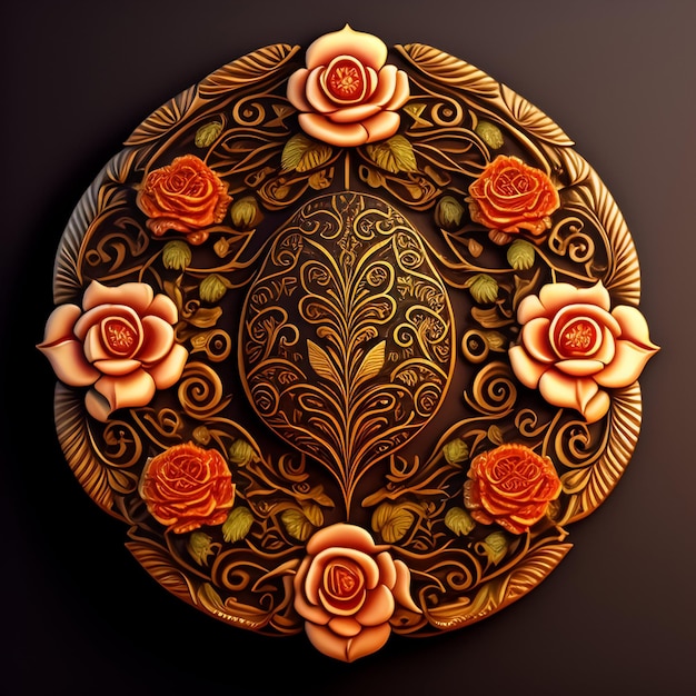 Free Photo a round plate with roses on it and a gold rim.