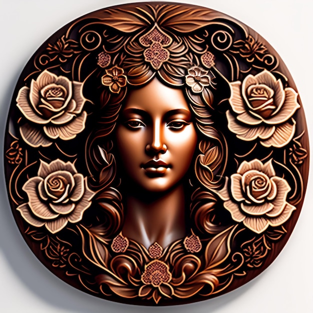 Free Photo a round plate with a woman's face and roses on it.