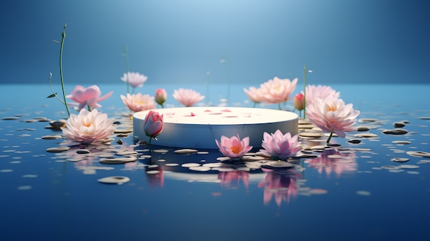 Free Photo round podium with 3d flowers and water