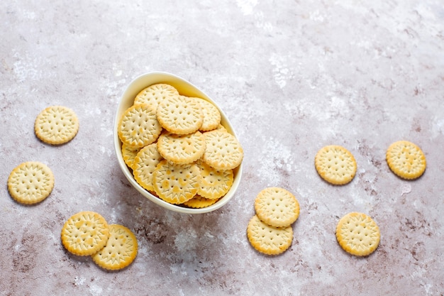 Round salted cracker cookies,snack.