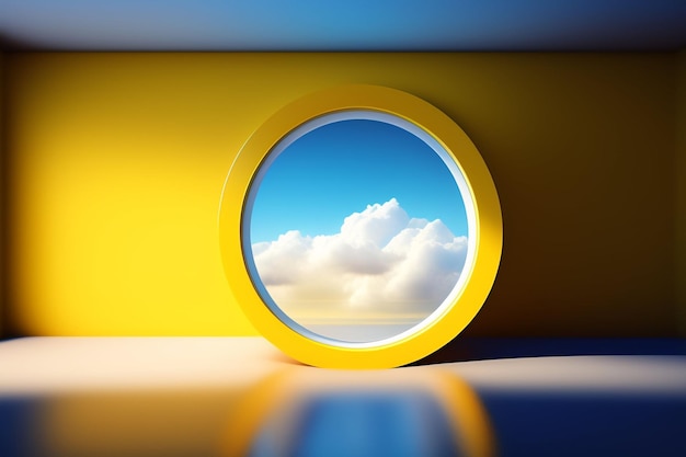 Free Photo a round window with a blue sky in the background