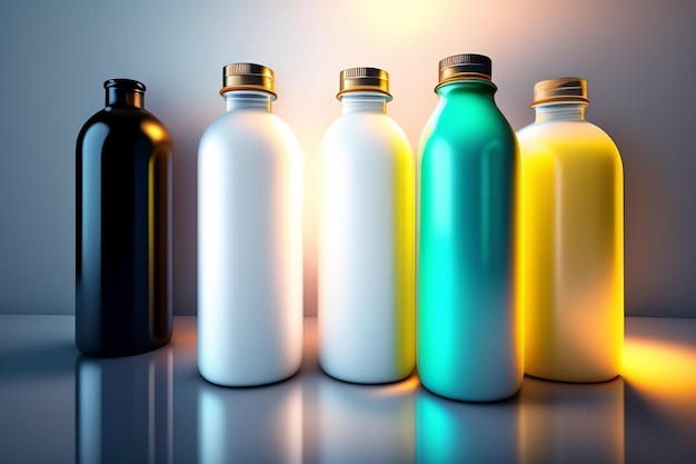 A row of bottles with different colors including one that says'blue, yellow, and white '