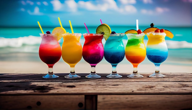 A row of colorful cocktails on a table with a beach in the background.