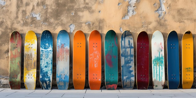 Free photo a row of colorful used skateboards against a worn wall