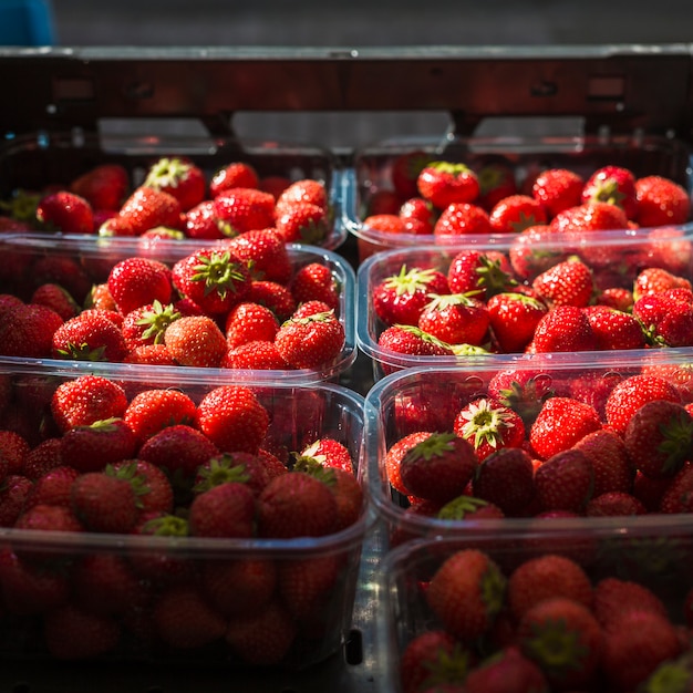 Free Photo row of fresh organic strawberries in the plastic container