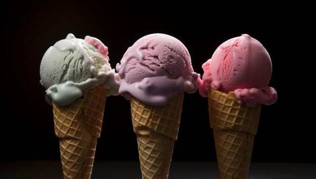 A row of ice cream cones are shown on a black background.