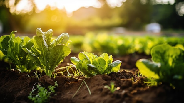 Rows of diverse crops in an organic farm featuring rich greens and earthy browns represent sustainability