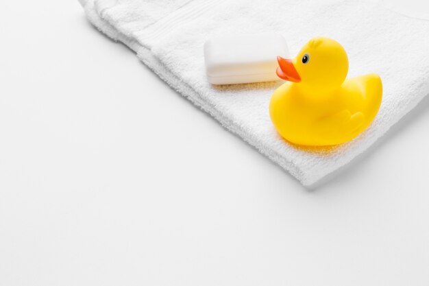 Rubber duck and soap copy space