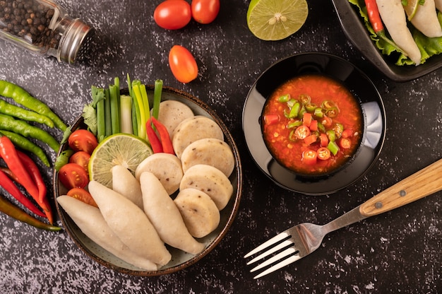 Rugby Fish Balls with Lemon Chili Paste, Tomato and Chili.