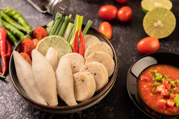 Rugby Fish Balls with Lemon Chili Paste, Tomato and Chili.