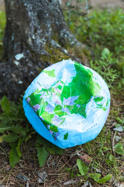 Free photo ruined globe ball on grass