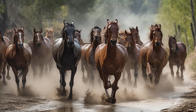 Running herd of horses graze in meadow generated by AI