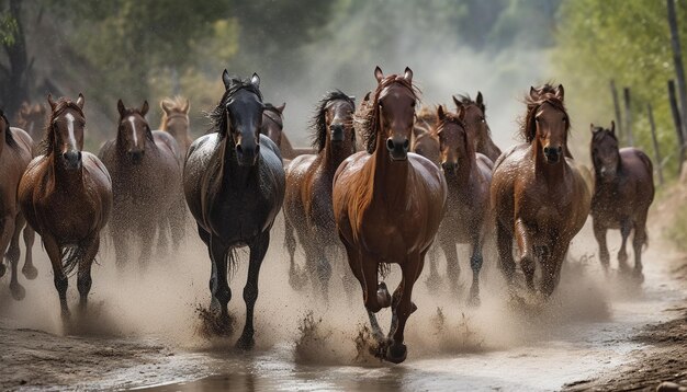 Running herd of horses graze in meadow generated by AI